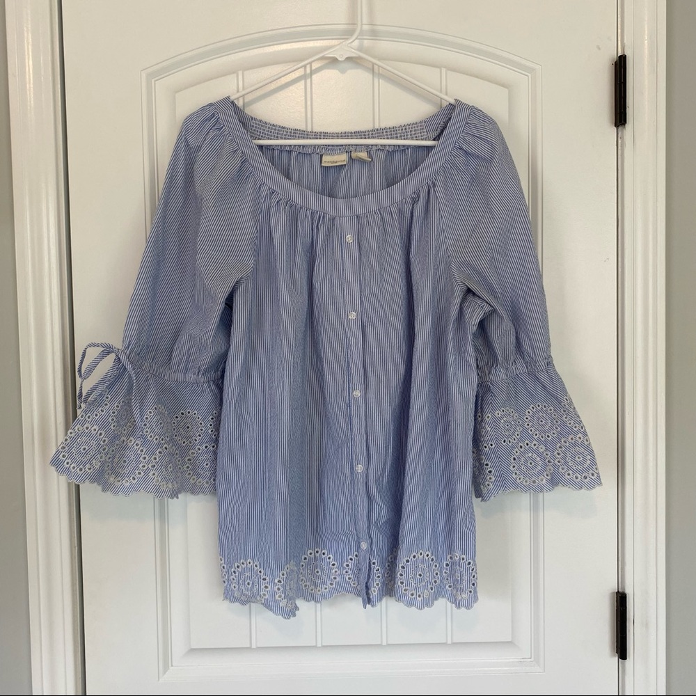 💋SOLD💋Westbound Woman Blue Seersucker 3/4 Sleeve Top Size 1X - Picture 1 of 6